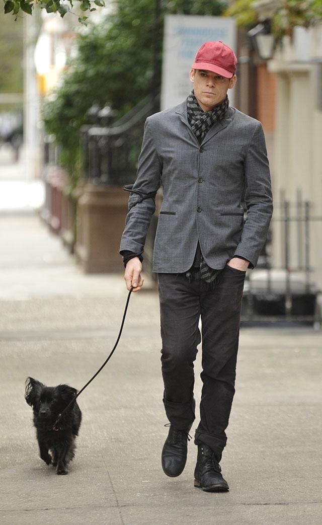 Michael C Hall  walking his dog in Soho