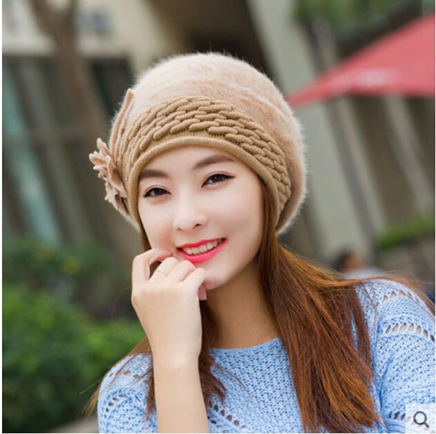 2016-New-arrived-winter-warm-caps-hats-for-women-Flower-decoration-Rabbit-hair-berets-fashion-All