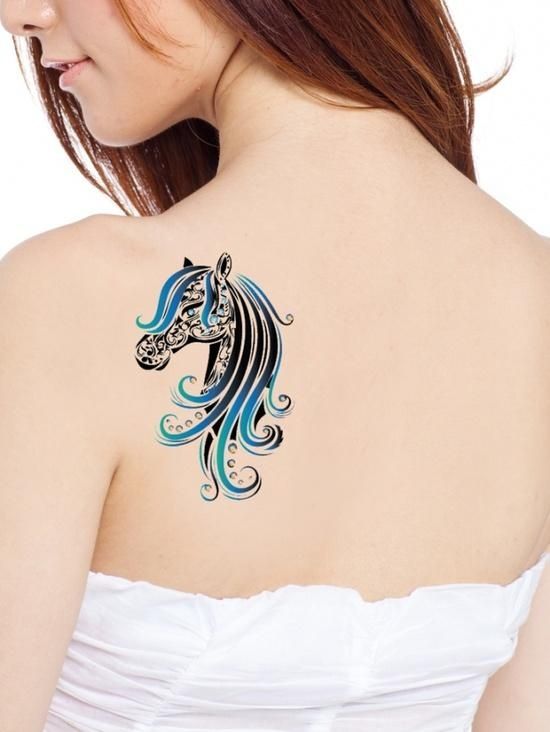 blue-ink-left-back-shoulder-horse-tattoo