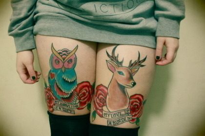 owl-and-deer-animal-tattoo-on-girl-thigh