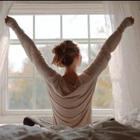 kobieta na łóżku rano radosna