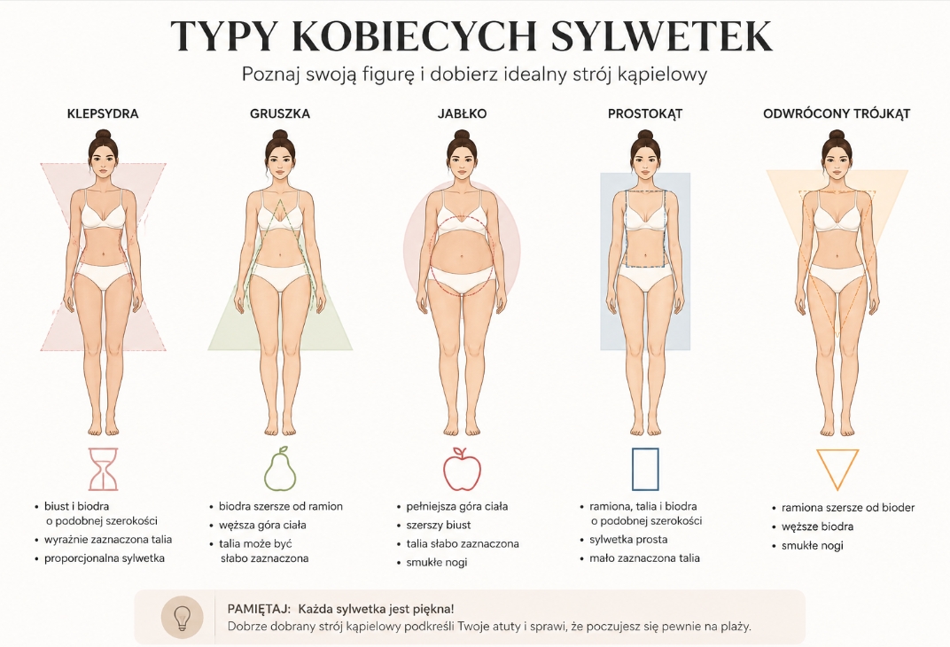 Schemat kobiecych sylwetek: klepsydra, gruszka, jabłko, prostokąt i odwrócony trójkąt