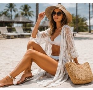 kobieta z modną torbą plażową